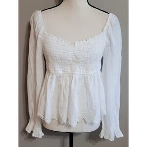 White Smocked Peplum Long-Sleeve Top